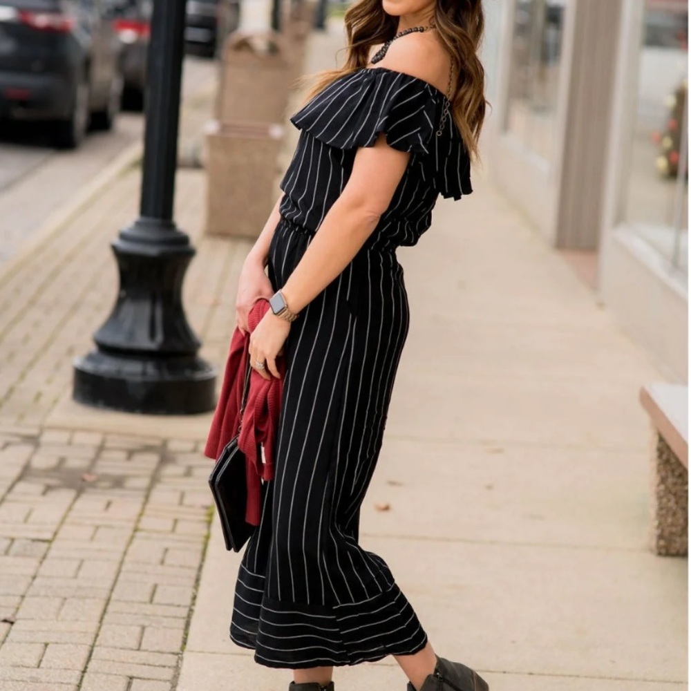 She + Sky | Women’s Striped Black Wide-Leg Jumpsuit with Ruffle Neckline | M